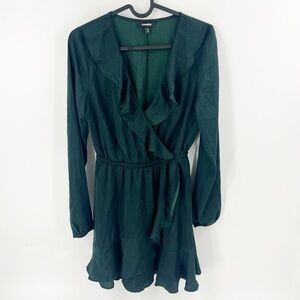 ✅ EXPRESS GREEN FAUX WRAP DRESS WITH RUFFLE SIZE X-SMALL‎ LONG SLEEVE